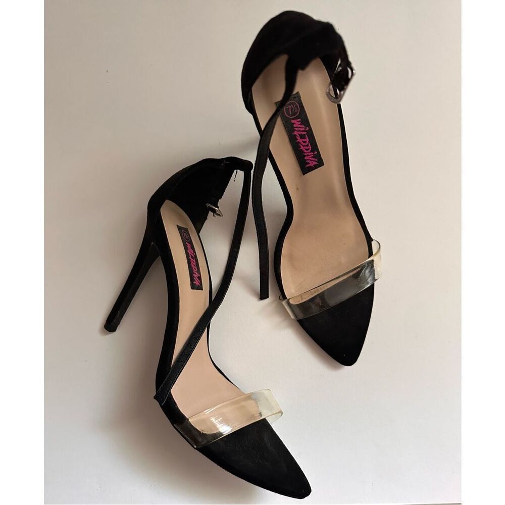 Wild Diva Black Strappy Stiletto Pump With Clear Pointed Toe Strap Size 7.5 - Picture 5 of 5